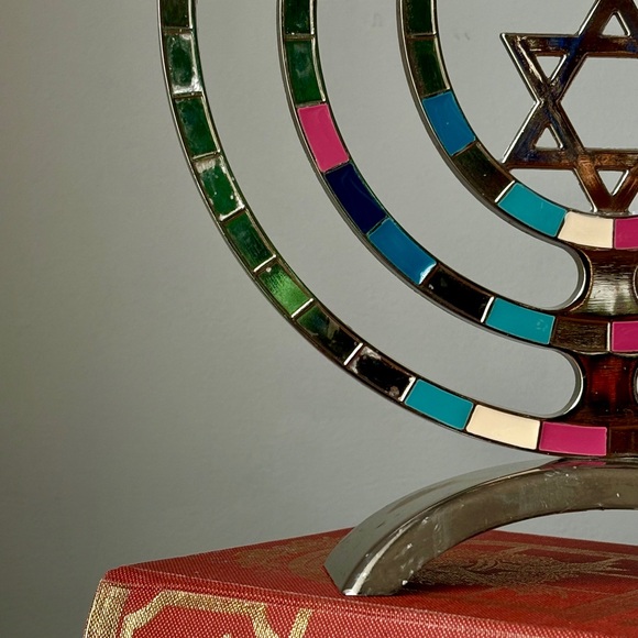 Silver-Tone Enamel Menorah with Multicolor Inlays - Picture 2 of 15
